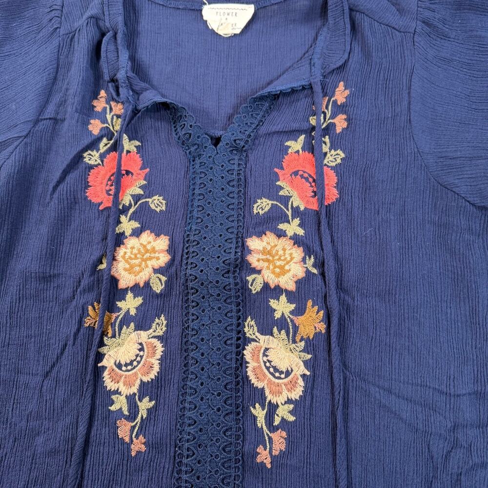 Flower & Feather Gauzy Floral Embroidered Blouse Women's 2XL Navy Blue Boho - Picture 6 of 8